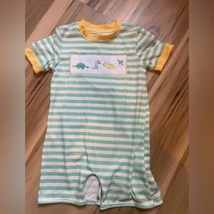 Striped Baby Romper with Dino Applique - Mint & Yellow